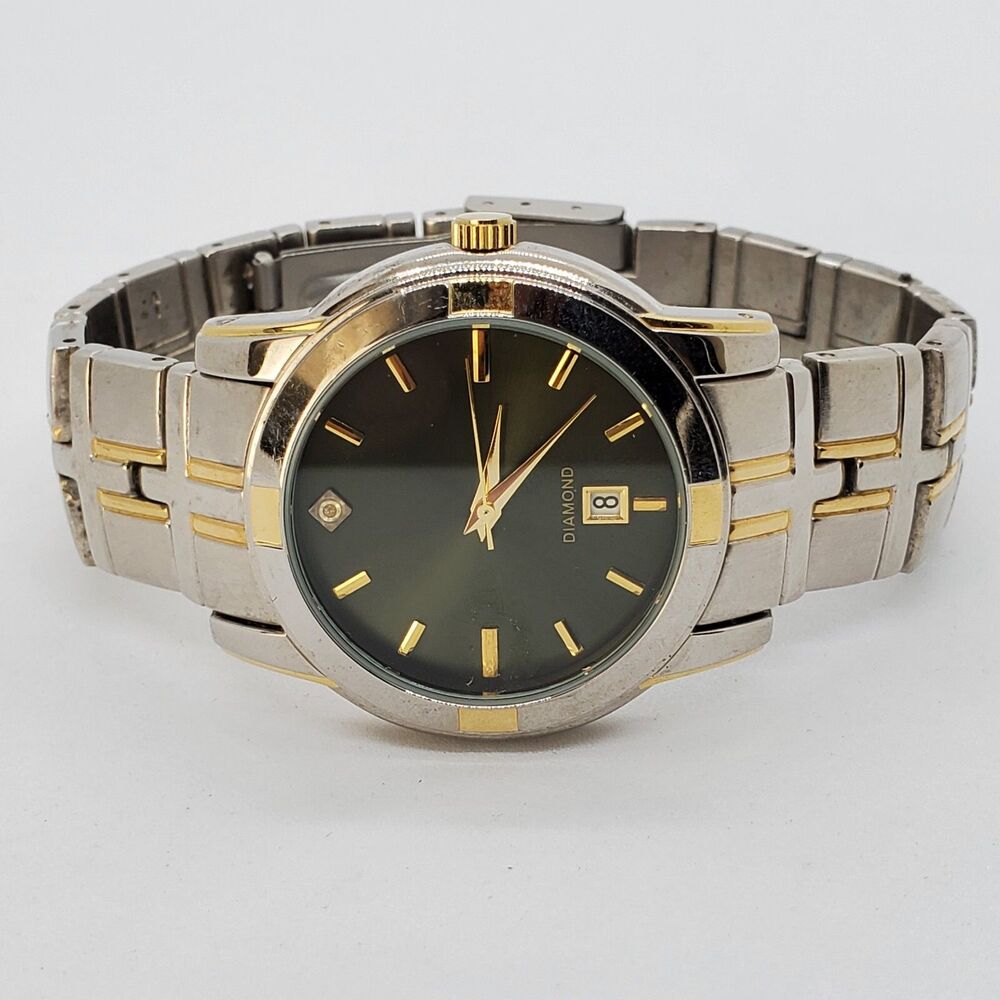 Men's Watch Diamond Accent 38MM Black Dial Gold Gray Band Date 7" New Battery